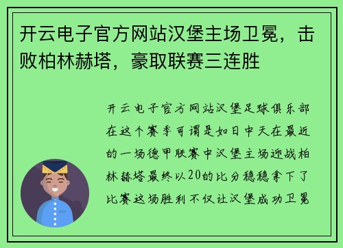 开云电子官方网站汉堡主场卫冕，击败柏林赫塔，豪取联赛三连胜