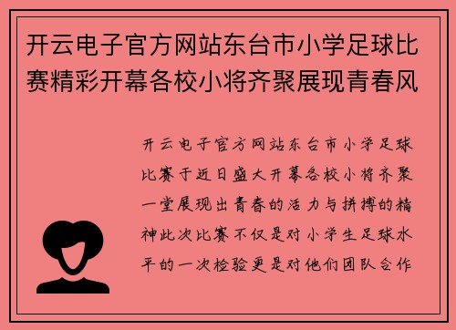开云电子官方网站东台市小学足球比赛精彩开幕各校小将齐聚展现青春风采