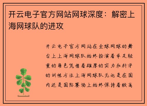 开云电子官方网站网球深度：解密上海网球队的进攻